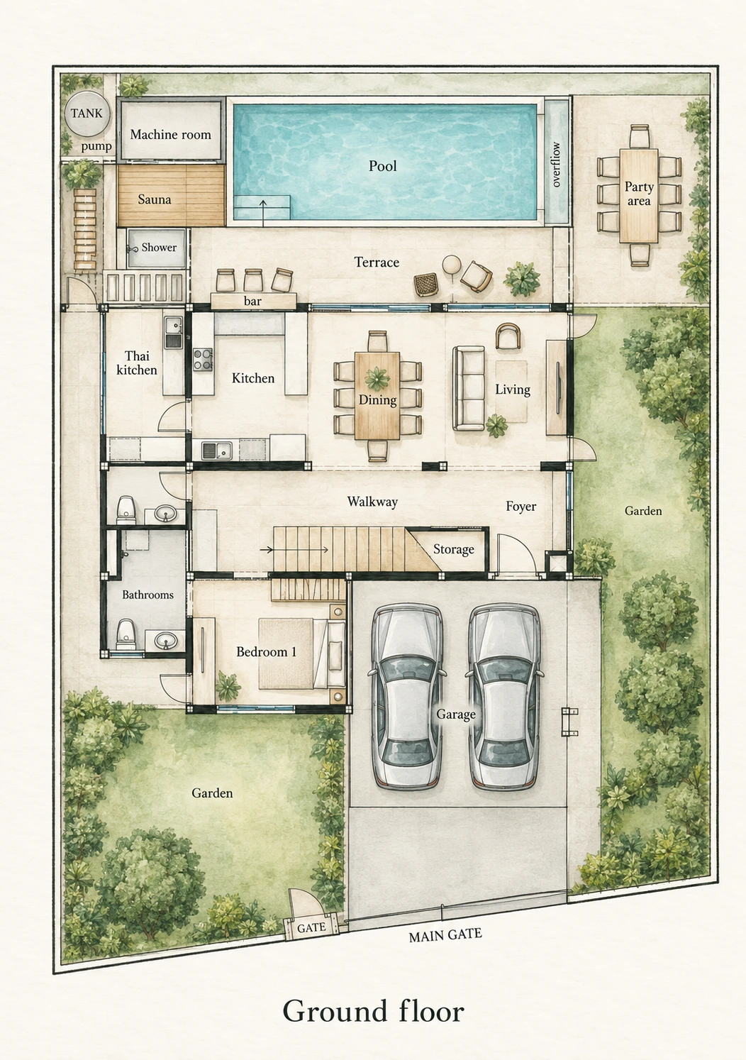 Villa Alive floor 1 watercolor plan