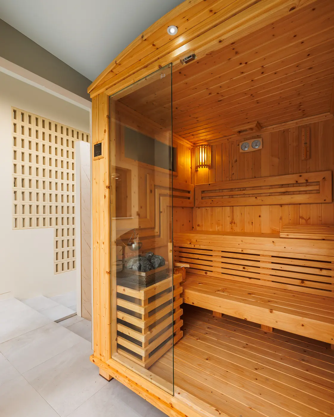 Warm timber interior of the private sauna